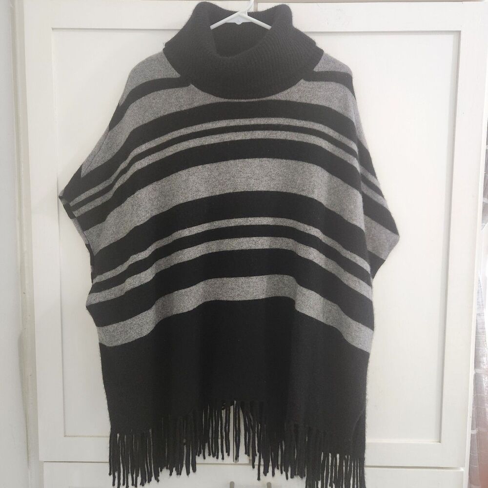 Charter Club Luxury 100% Cashmere Poncho Sweater Black Gray Striped Fringe S/M
